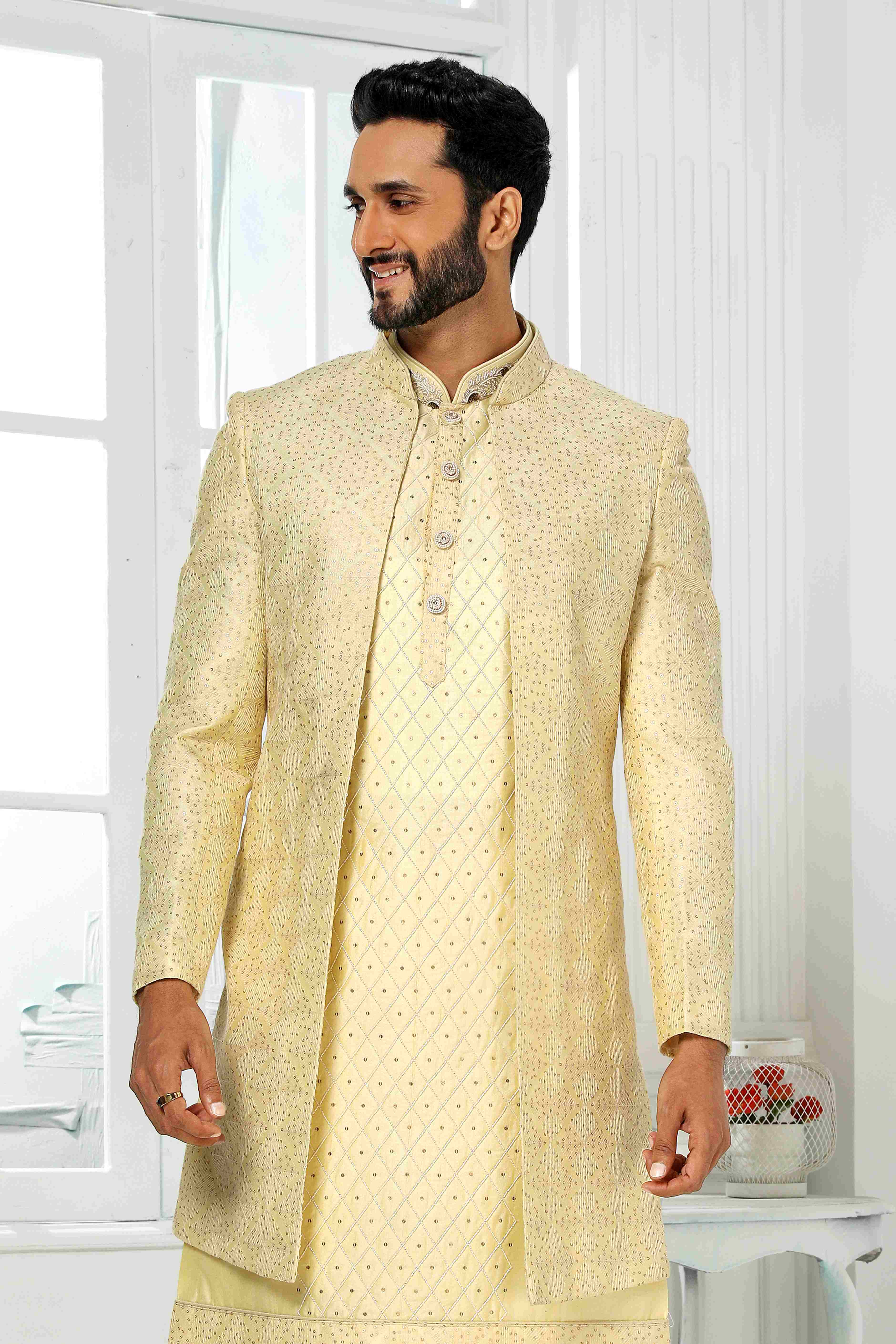 Raivat Ethnic Art Silk Embroidery Work 3 Pcs Indo Jacket Set In Yellow Colour