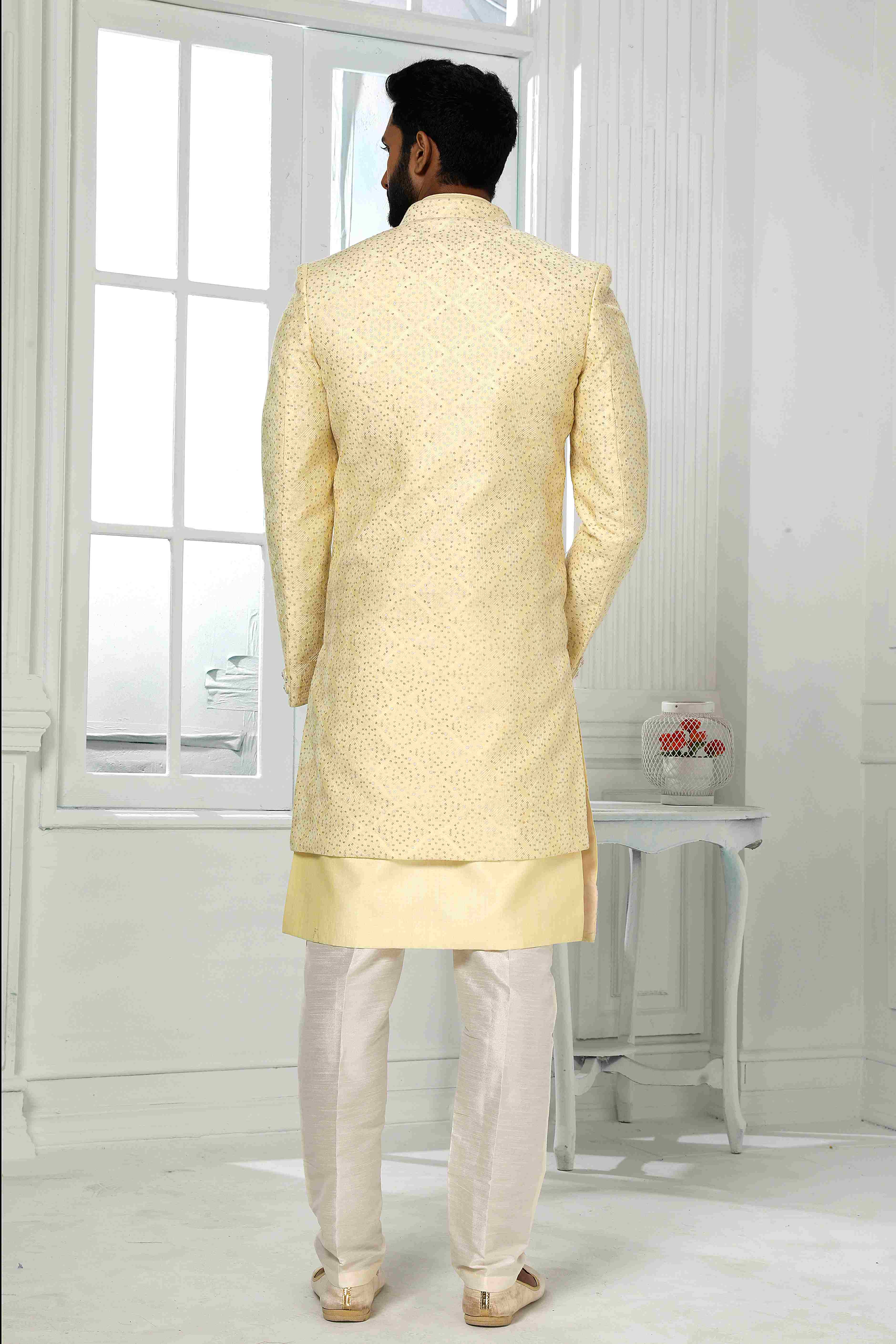 Raivat Ethnic Art Silk Embroidery Work 3 Pcs Indo Jacket Set In Yellow Colour