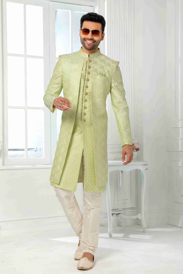 Raivat Ethnic Art Silk Embroidery Work 2 Pcs Indo Jacket Set In Pista Green Colour - Distacart