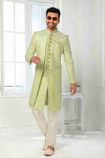 Thumbnail for Raivat Ethnic Art Silk Embroidery Work 2 Pcs Indo Jacket Set In Pista Green Colour