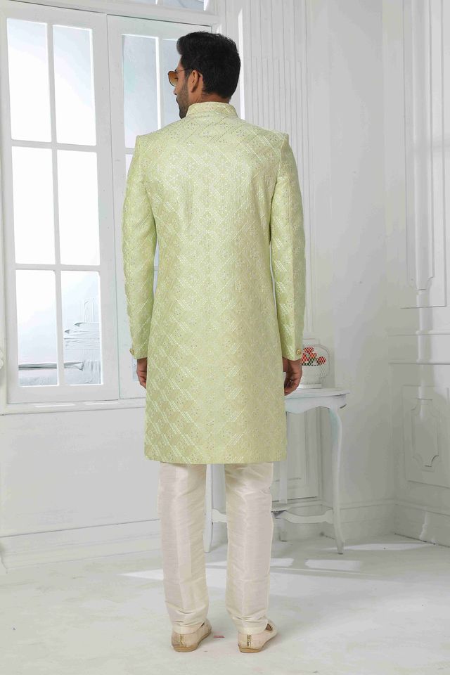 Raivat Ethnic Art Silk Embroidery Work 2 Pcs Indo Jacket Set In Pista Green Colour