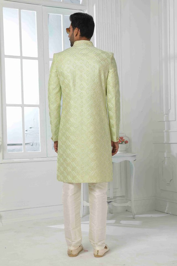 Raivat Ethnic Art Silk Embroidery Work 2 Pcs Indo Jacket Set In Pista Green Colour