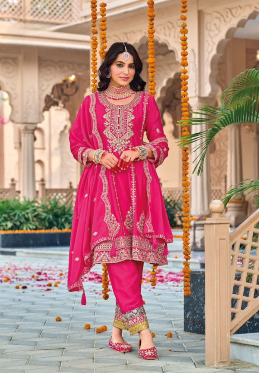 Anaita Rani Pink Embroidered Chinon Sequence Work Stitched Anarkali Suit - Distacart