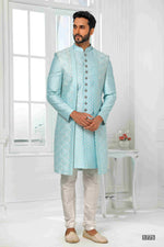 Thumbnail for Raivat Ethnic Art Silk Embroidery Work 3 Pcs Indo Jacket Set In Sky Blue Colour