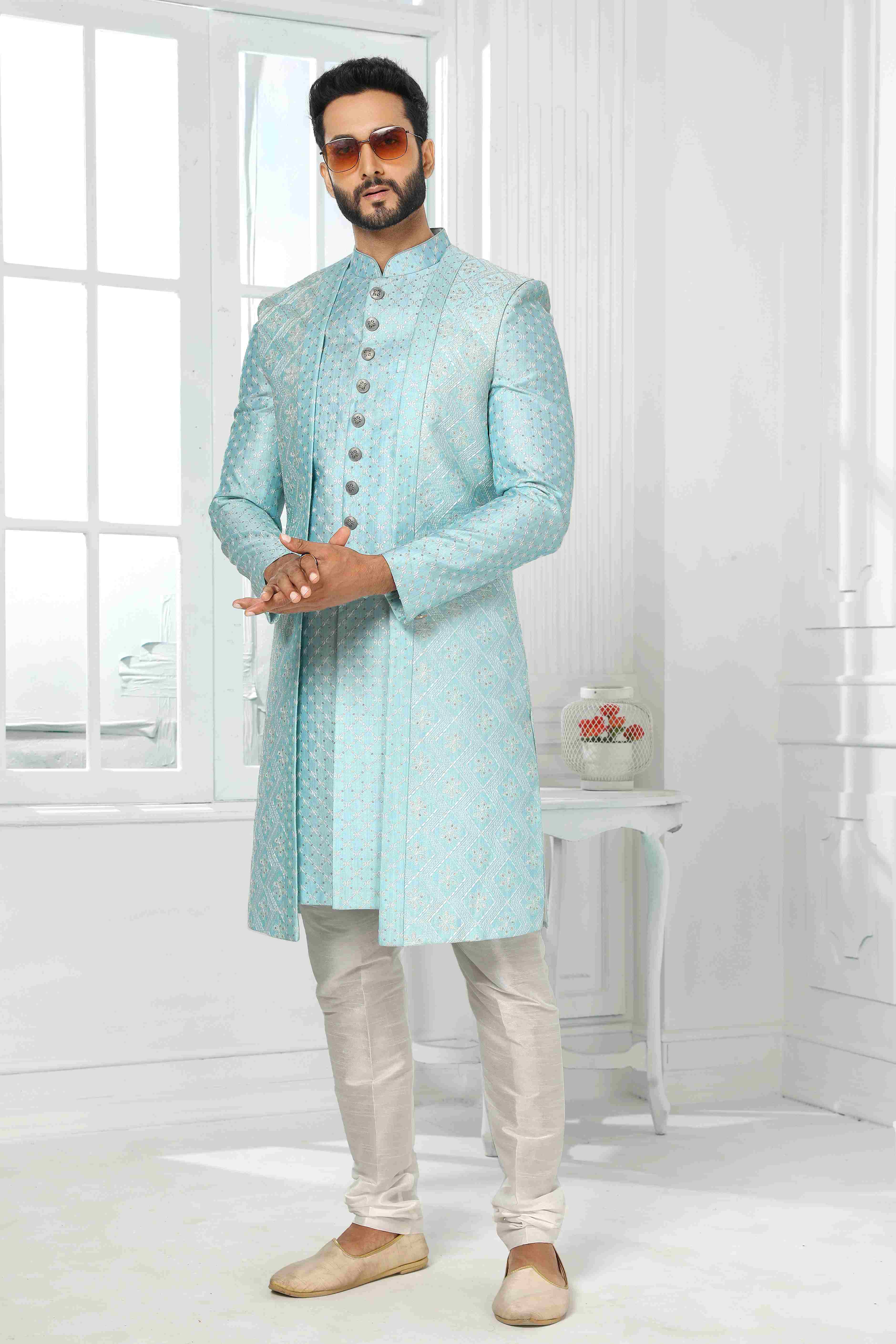 Raivat Ethnic Art Silk Embroidery Work 3 Pcs Indo Jacket Set In Sky Blue Colour