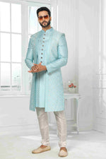 Thumbnail for Raivat Ethnic Art Silk Embroidery Work 3 Pcs Indo Jacket Set In Sky Blue Colour