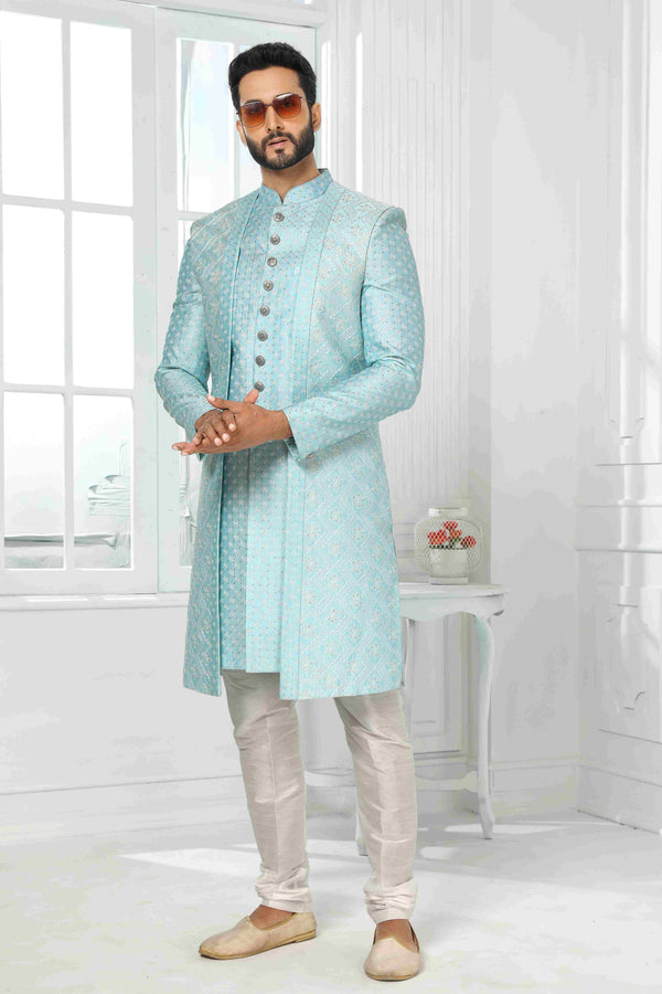 Raivat Ethnic Art Silk Embroidery Work 3 Pcs Indo Jacket Set In Sky Blue Colour