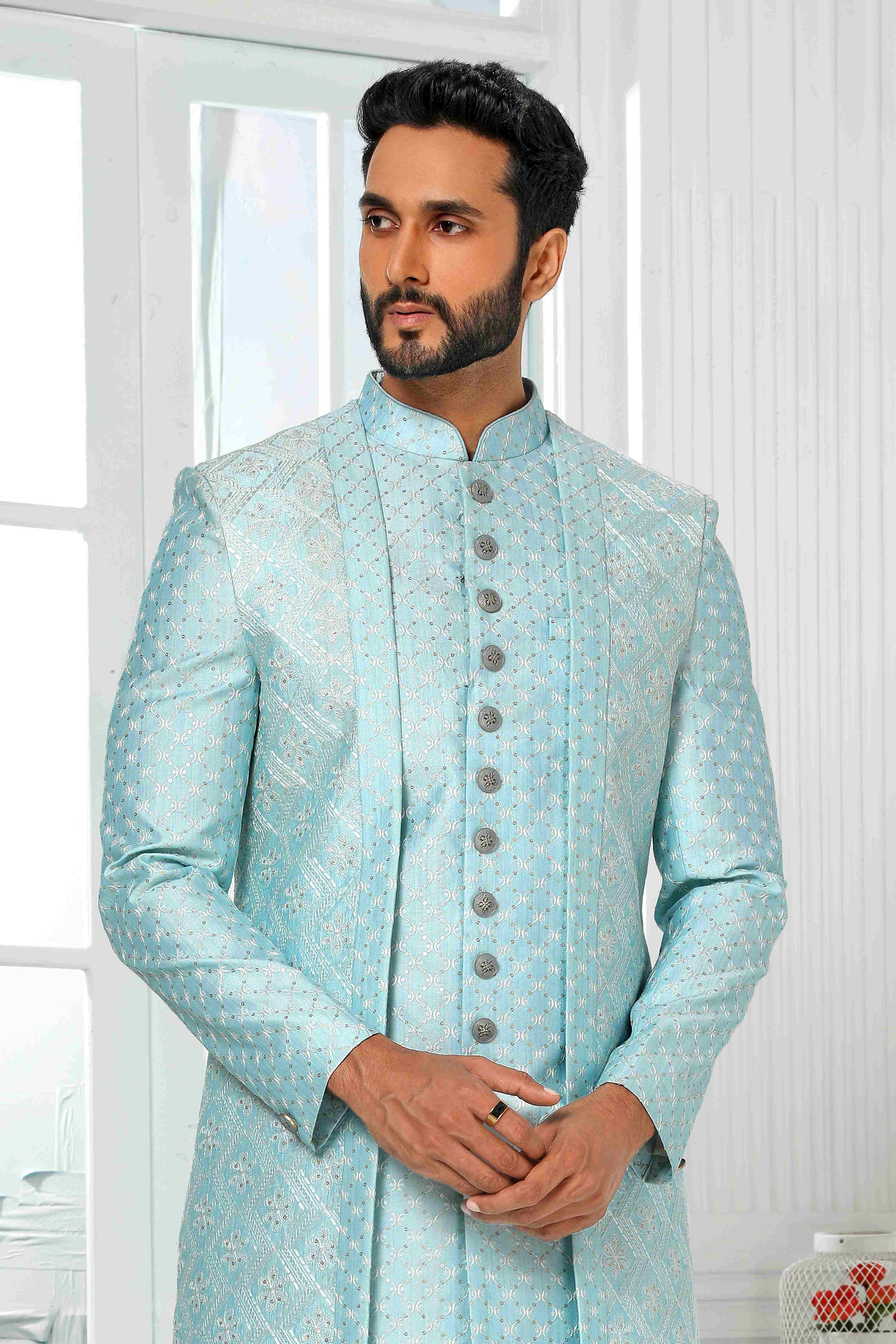 Raivat Ethnic Art Silk Embroidery Work 3 Pcs Indo Jacket Set In Sky Blue Colour