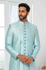 Thumbnail for Raivat Ethnic Art Silk Embroidery Work 3 Pcs Indo Jacket Set In Sky Blue Colour