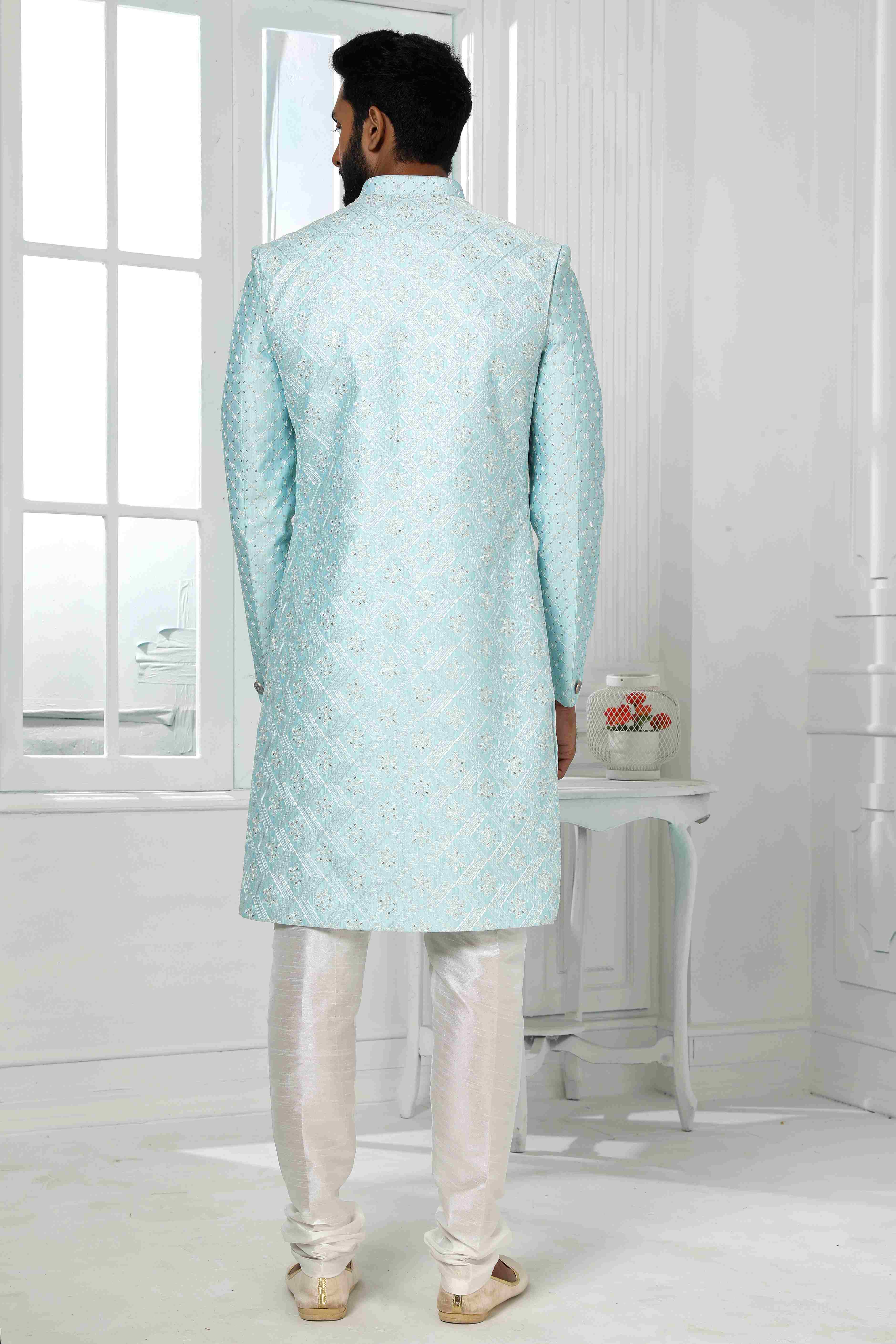Raivat Ethnic Art Silk Embroidery Work 3 Pcs Indo Jacket Set In Sky Blue Colour