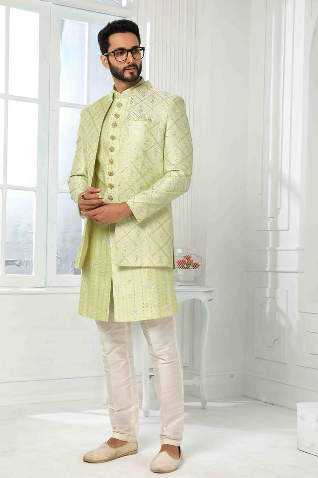 Raivat Ethnic Art Silk Embroidery Work 3 Pcs Indo Jacket Set In Pista Green Colour - Distacart