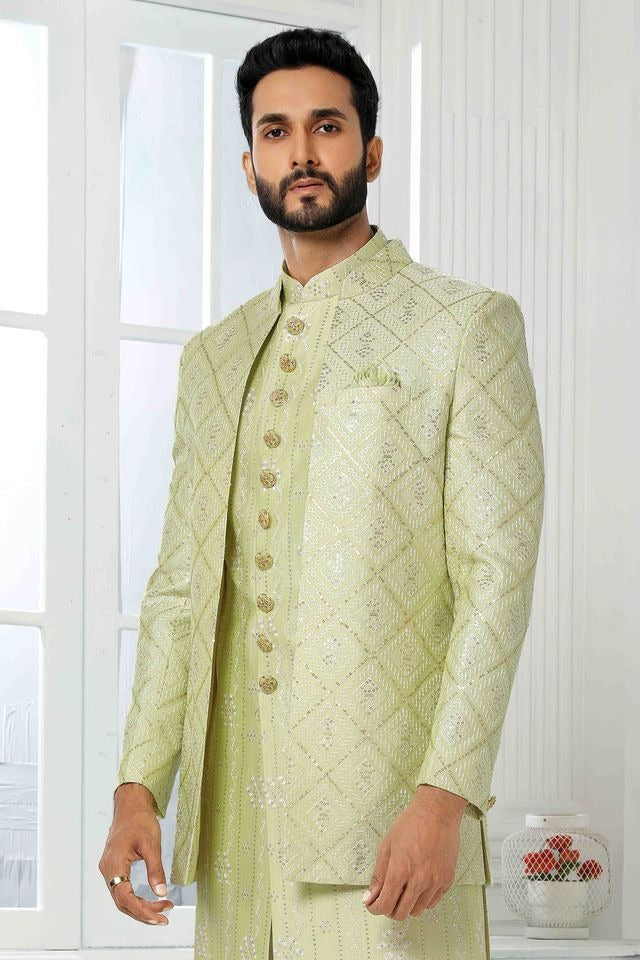 Raivat Ethnic Art Silk Embroidery Work 3 Pcs Indo Jacket Set In Pista Green Colour