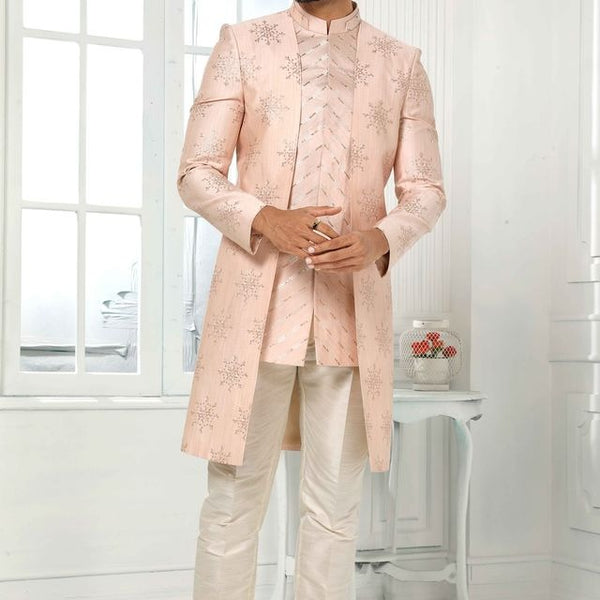 Raivat Ethnic Art Silk Embroidery Work 3 Pcs Indo Jacket Set In Light Pink Colour