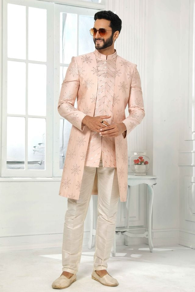 Raivat Ethnic Art Silk Embroidery Work 3 Pcs Indo Jacket Set In Light Pink Colour - Distacart