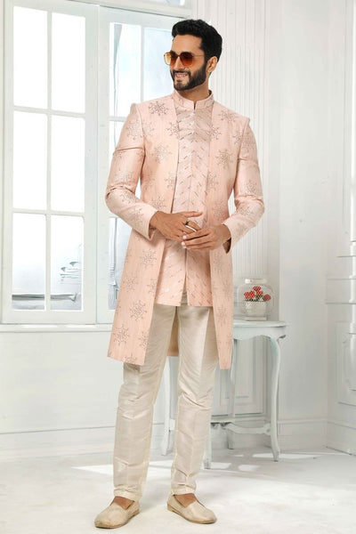 Raivat Ethnic Art Silk Embroidery Work 3 Pcs Indo Jacket Set In Light Pink Colour
