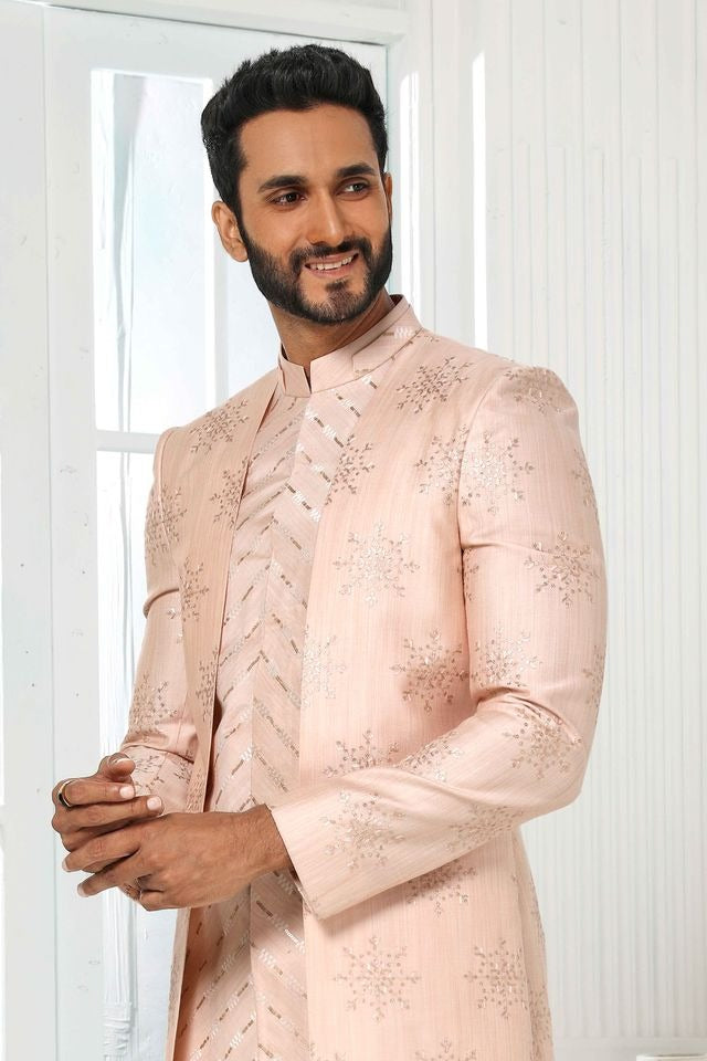 Raivat Ethnic Art Silk Embroidery Work 3 Pcs Indo Jacket Set In Light Pink Colour