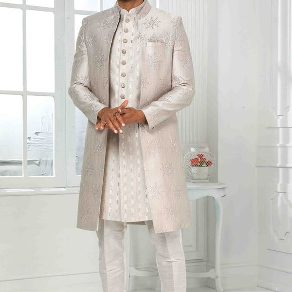 Raivat Ethnic Art Silk Embroidery Work 3 Pcs Indo Jacket Set In Light Grey Colour