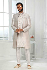 Thumbnail for Raivat Ethnic Art Silk Embroidery Work 3 Pcs Indo Jacket Set In Light Grey Colour