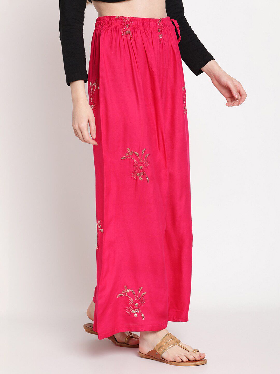 TAG 7 Women Pink & Gold-Toned Ethnic Motifs Embellished Flared Palazzos - Distacart