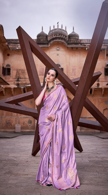 Anaita Lavender Pure Satin Silk With Zari Weaving Saree With Blouse - Distacart