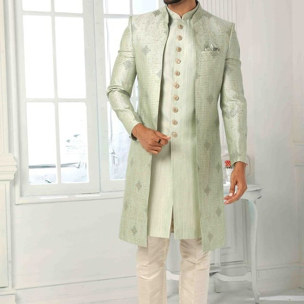 Raivat Ethnic Art Silk Embroidery Work 3 Pcs Indo Jacket Set In Pista Green Colour