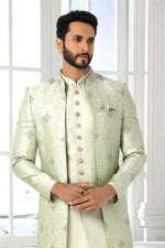Thumbnail for Raivat Ethnic Art Silk Embroidery Work 3 Pcs Indo Jacket Set In Pista Green Colour
