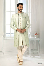 Thumbnail for Raivat Ethnic Art Silk Embroidery Work 3 Pcs Indo Jacket Set In Pista Green Colour