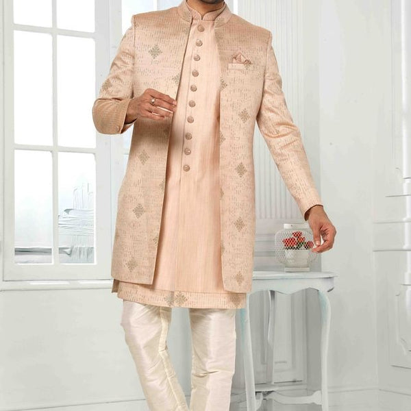 Raivat Ethnic Art Silk Embroidery Work 3 Pcs Indo Jacket Set In Onion Pink Colour