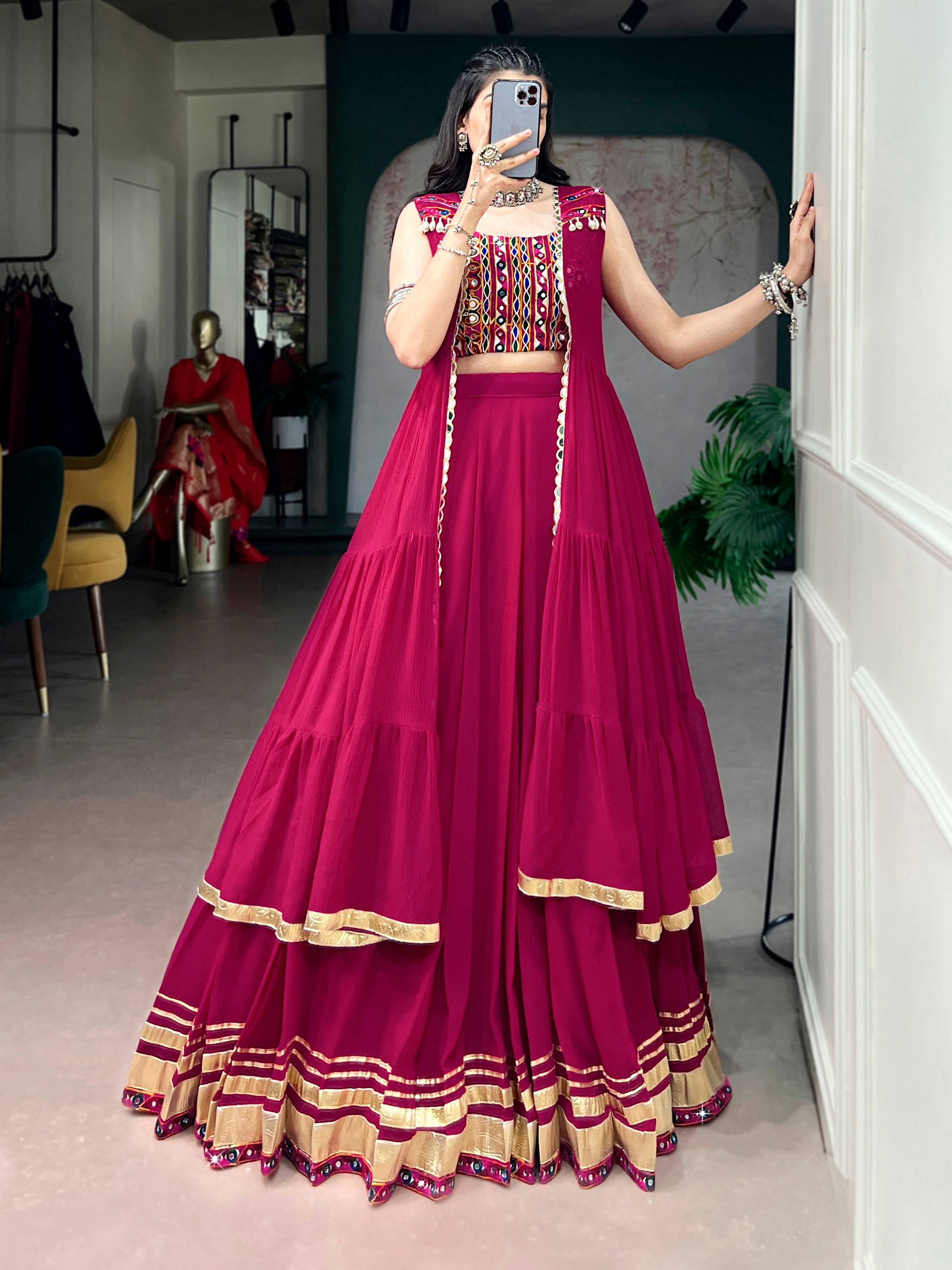 Lorenvalley Fashion Rani Pink Lightweight Fabric With Gotta Patti Lace Lehenga Choli With Koti - Dista