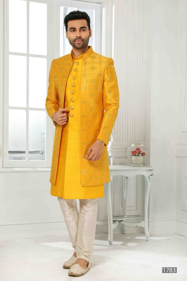 Raivat Ethnic Art Silk Embroidery Work 3 Pcs Indo Jacket Set In Yellow Colour