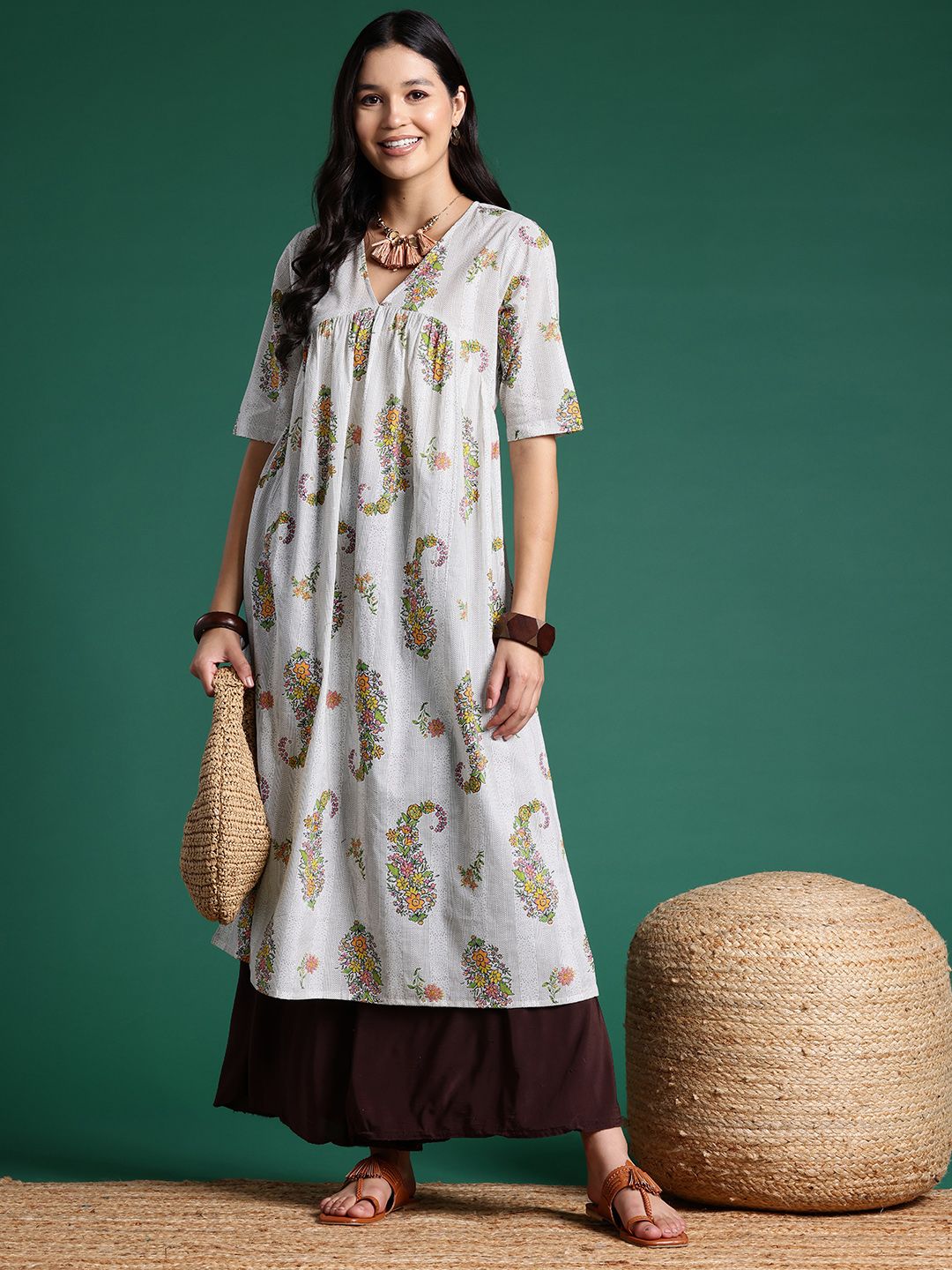 Sangria Floral Print Pleated Empire Kurta - Distacart