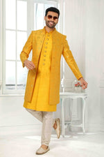 Thumbnail for Raivat Ethnic Art Silk Embroidery Work 3 Pcs Indo Jacket Set In Yellow Colour