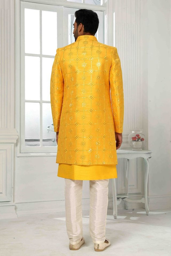 Raivat Ethnic Art Silk Embroidery Work 3 Pcs Indo Jacket Set In Yellow Colour