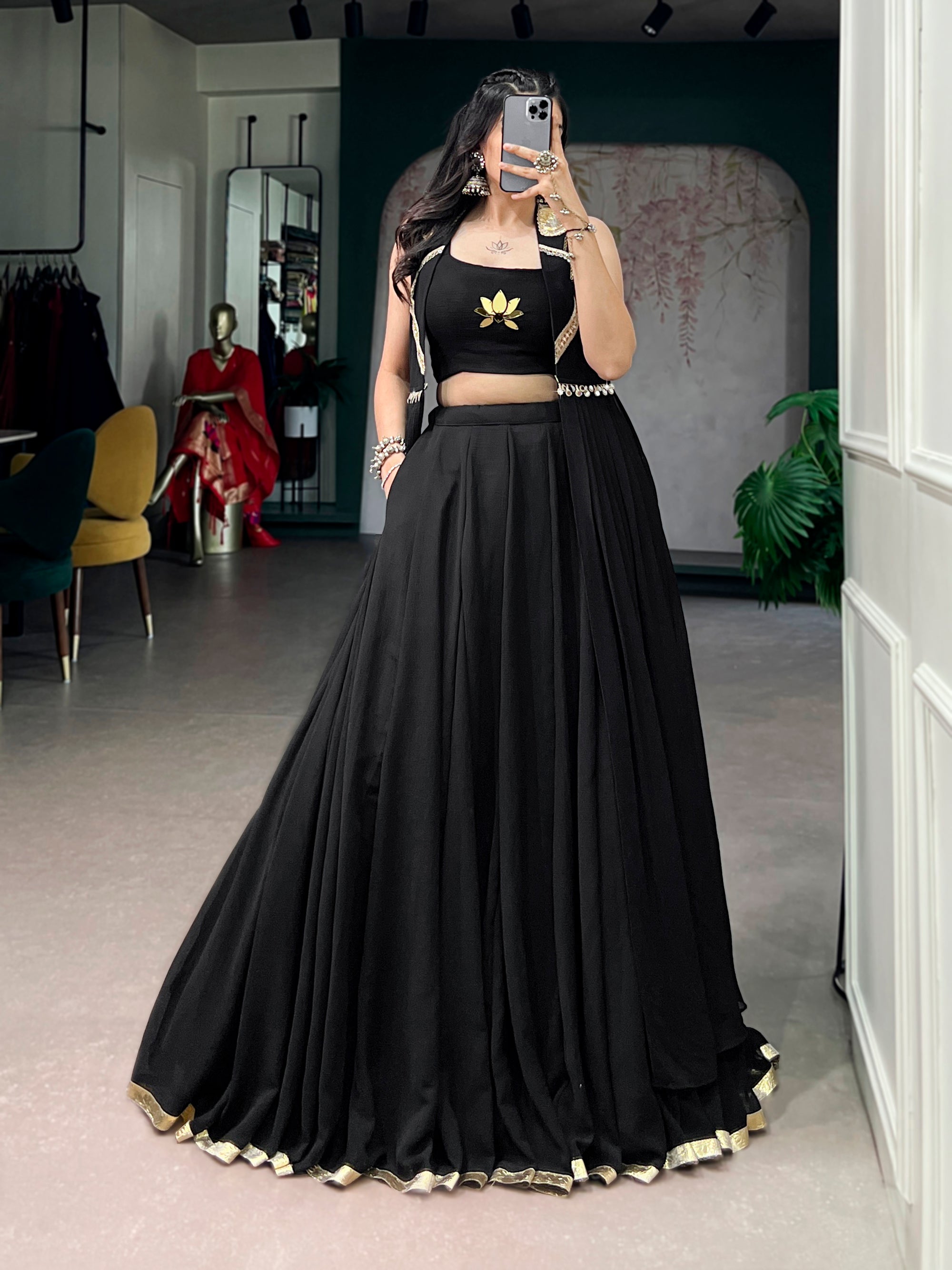 Lorenvalley Fashion Black Feather-Light Flow Fabric With Lace Lehenga Choli With Long Jacket - Dista