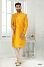 Thumbnail for Raivat Ethnic Art Silk Embroidery Work 3 Pcs Indo Jacket Set In Yellow Colour