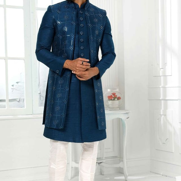 Raivat Ethnic Art Silk Embroidery Work 3 Pcs Indo Jacket Set In Teal Colour