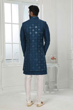 Thumbnail for Raivat Ethnic Art Silk Embroidery Work 3 Pcs Indo Jacket Set In Teal Colour