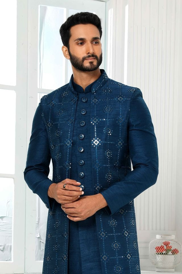 Raivat Ethnic Art Silk Embroidery Work 3 Pcs Indo Jacket Set In Teal Colour