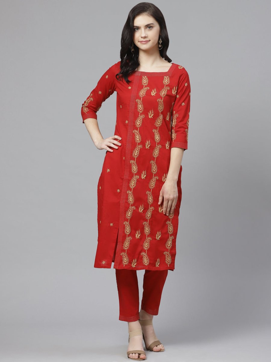 ADA Women Red & Beige Paisley Chikankari Embroidered Sustainable Handloom Kurta with Trousers - Distacart
