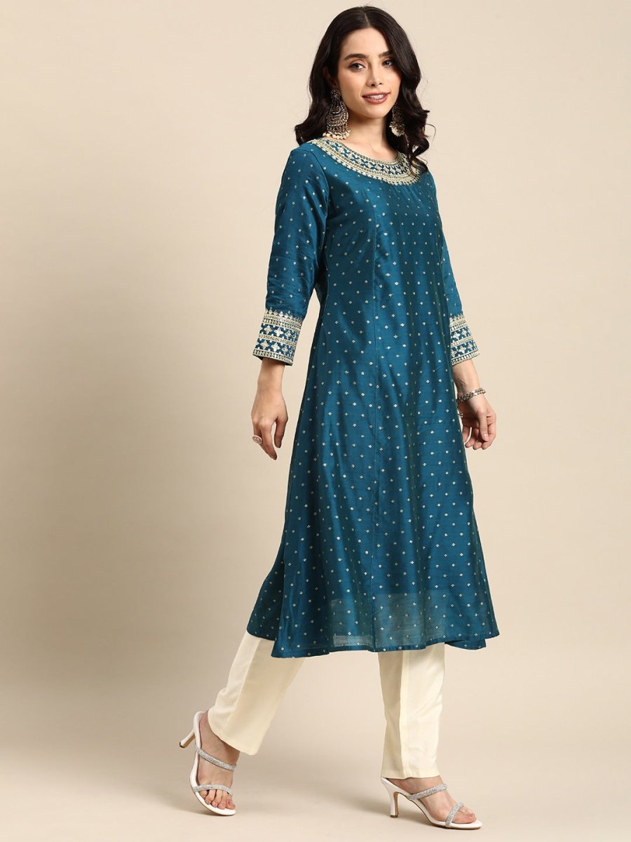 All About You Ethnic Motifs Embroidered Sequinned Kurta With Trousers - Distacart