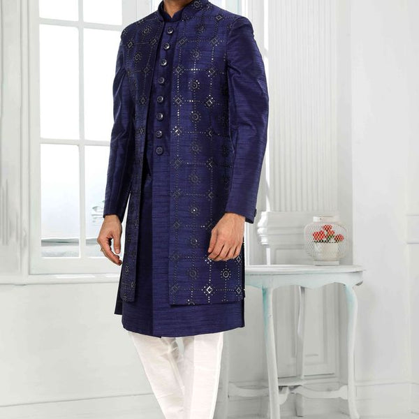 Raivat Ethnic Art Silk Embroidery Work 3 Pcs Indo Jacket Set In Blue Colour