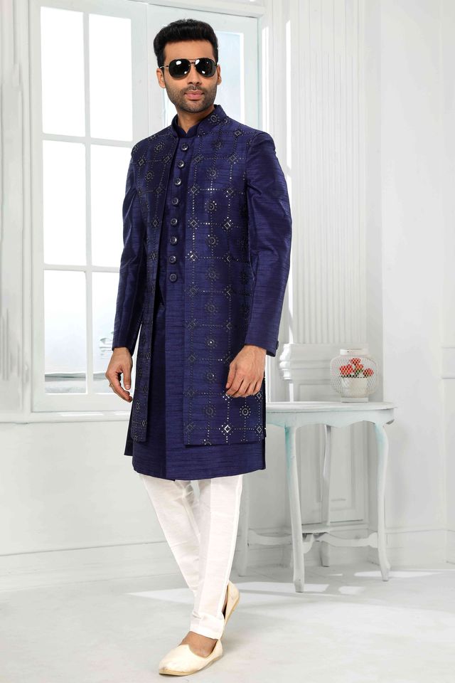 Raivat Ethnic Art Silk Embroidery Work 3 Pcs Indo Jacket Set In Blue Colour