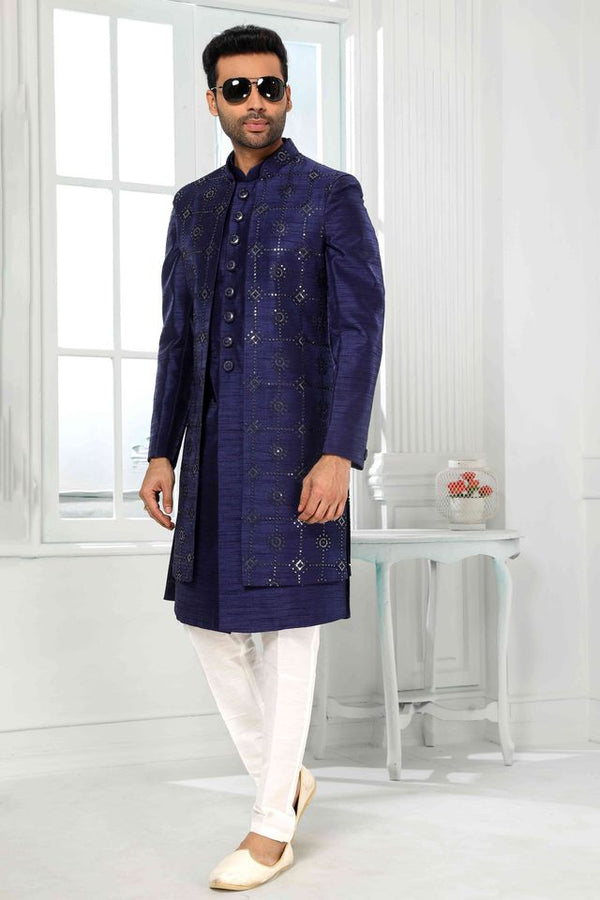 Raivat Ethnic Art Silk Embroidery Work 3 Pcs Indo Jacket Set In Blue Colour