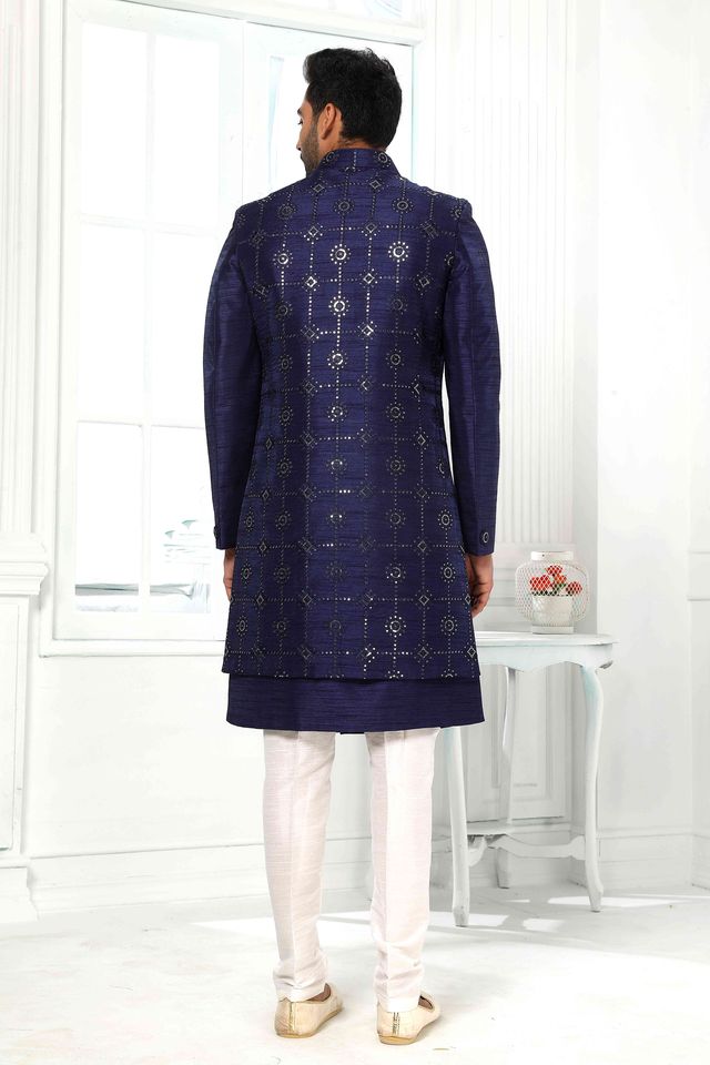 Raivat Ethnic Art Silk Embroidery Work 3 Pcs Indo Jacket Set In Blue Colour