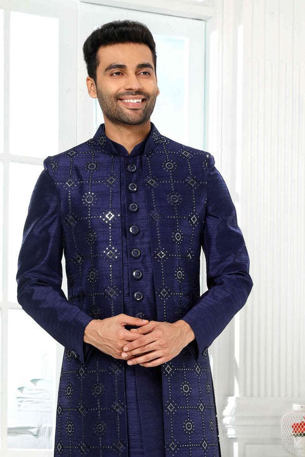 Raivat Ethnic Art Silk Embroidery Work 3 Pcs Indo Jacket Set In Blue Colour