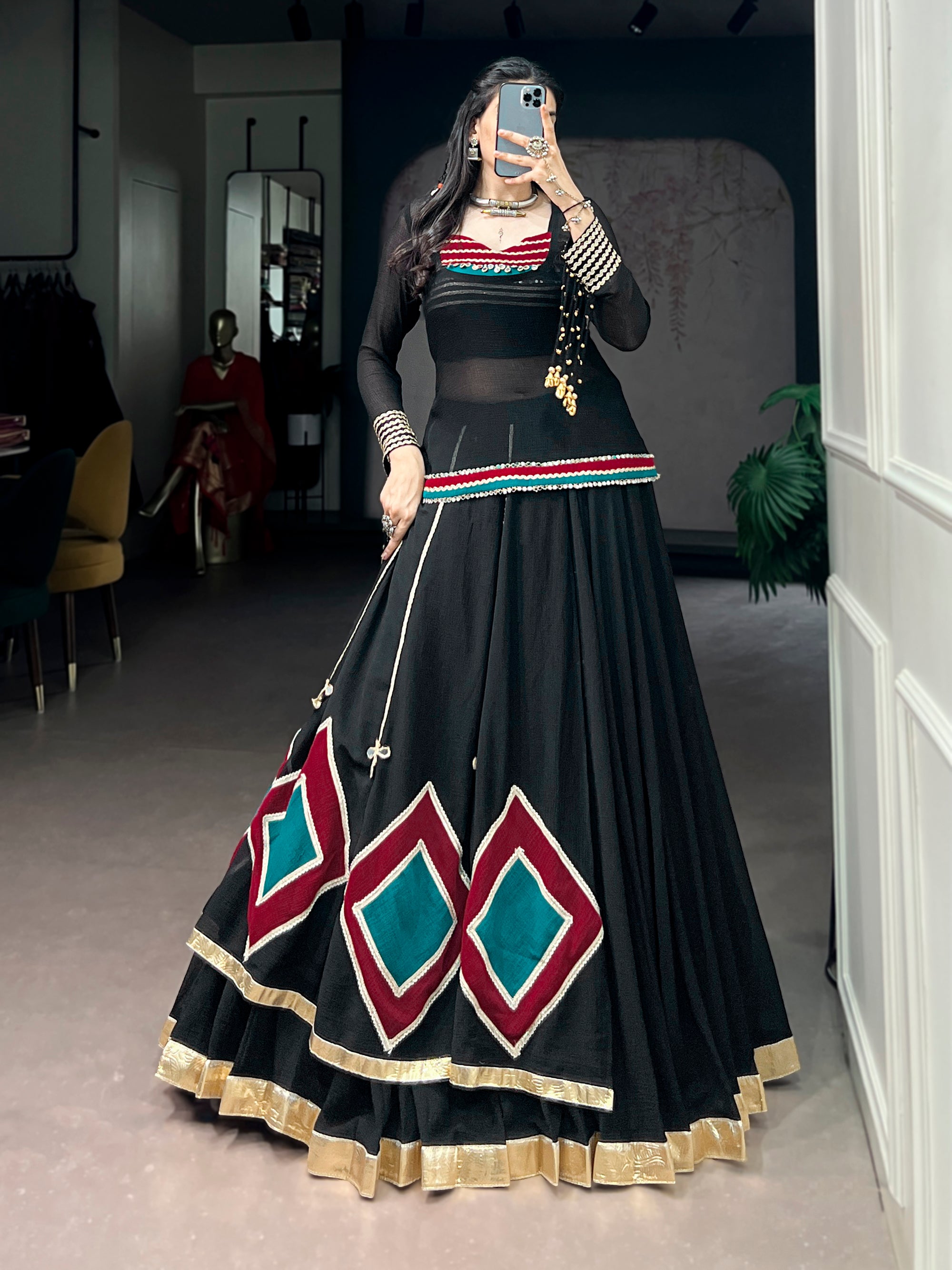 Lorenvalley Fashion Black Marble With Elegant Lace And Dangling Cowrie Bell Detailing Lehenga Choli With Tunic - Dista