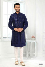 Thumbnail for Raivat Ethnic Art Silk Embroidery Work 3 Pcs Indo Jacket Set In Blue Colour