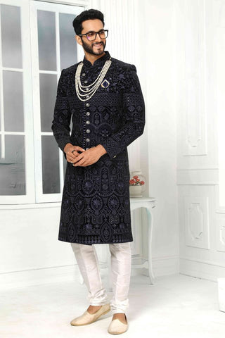 Raivat Ethnic Art Silk Embroidery Work Sherwani In Navy Blue Colour