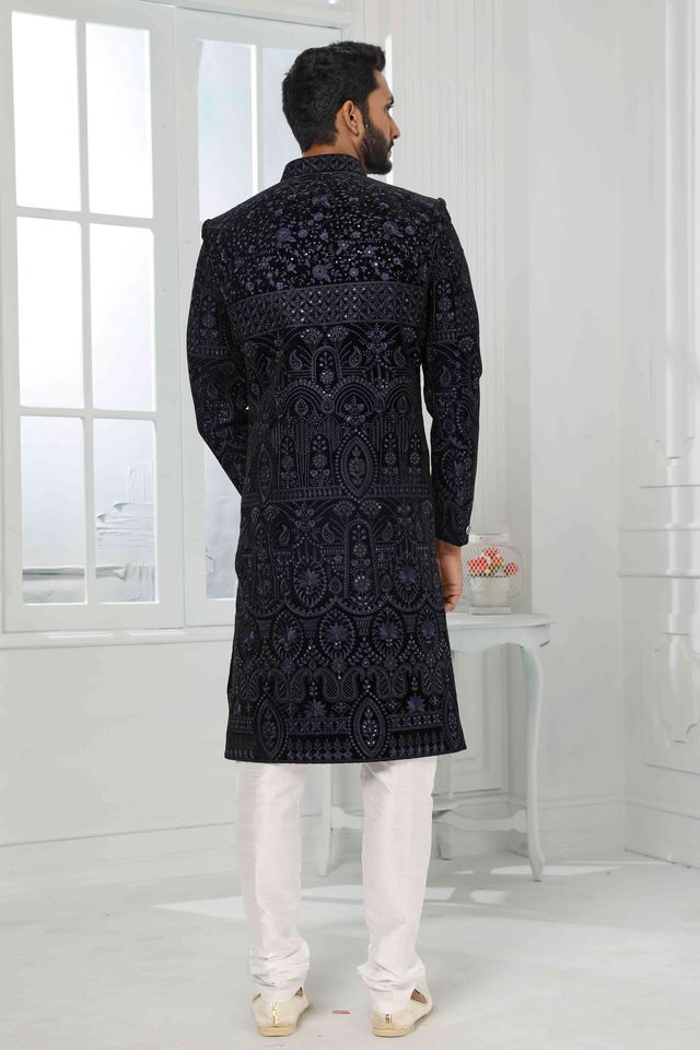 Raivat Ethnic Art Silk Embroidery Work Sherwani In Navy Blue Colour