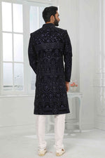 Thumbnail for Raivat Ethnic Art Silk Embroidery Work Sherwani In Navy Blue Colour